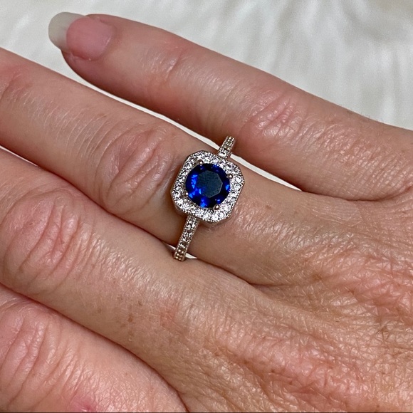 925 Sterling Silver Blue CZ Diamond Halo Ring - Picture 13 of 14